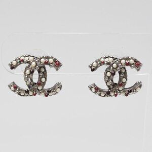 Chanel Silver Metal Faux Pearl and Red Beads CC Earrings